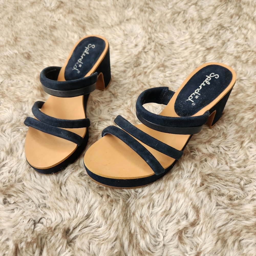 Splendid Ted Cork‎ Banded Heels Faux Suede Navy Blue Women's Size 6 1/2
